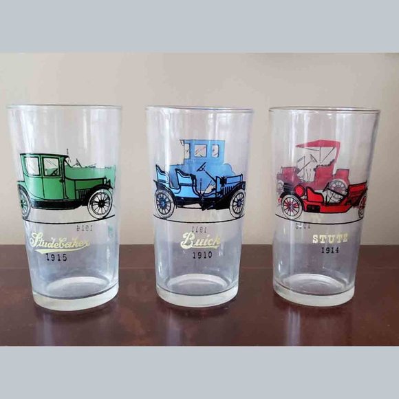 Set of 3 Vintage Hazel Atlas Drinking Glasses Tumblers Antique Cars Automobiles - Picture 1 of 1